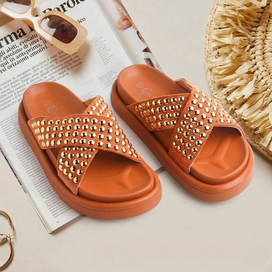Alayna Fashion | Studded Cross-Strap Slides – Chunky Platform Sandals
