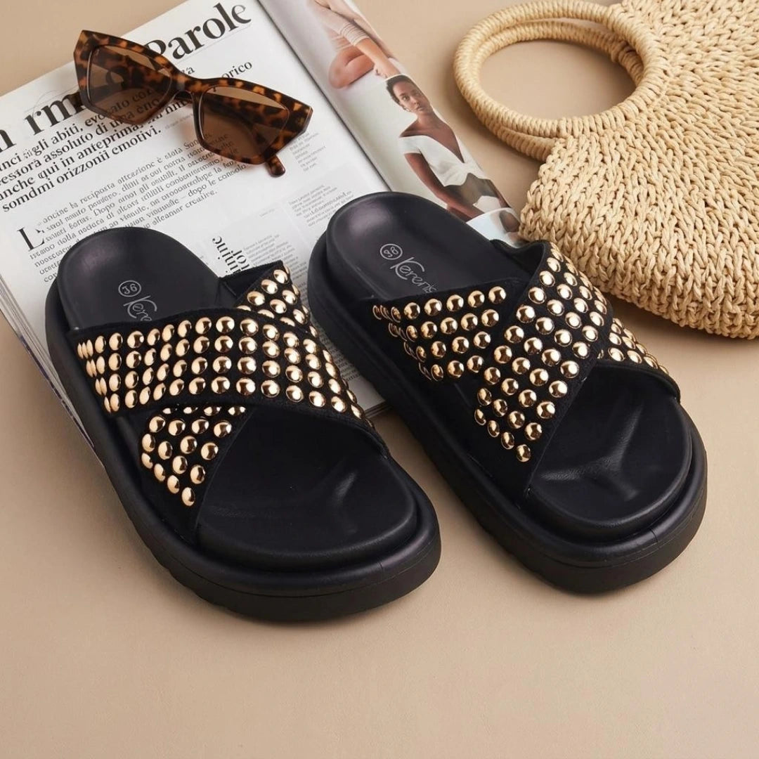 Alayna Fashion | Studded Cross-Strap Slides – Chunky Platform Sandals