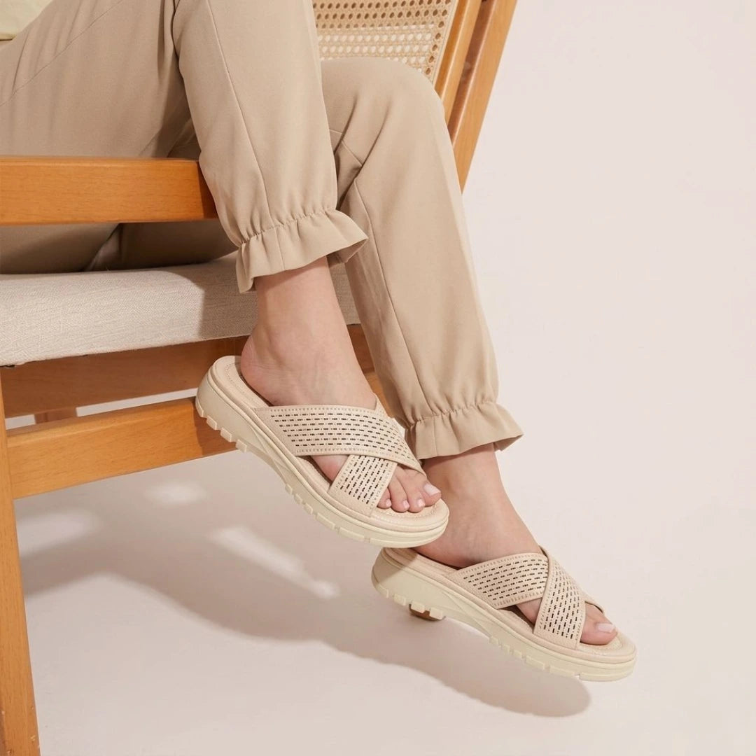 Alayna Fashion | The Aero-Comfort Criss-Cross Slides – Breathable Laser-Cut Platform Sandals