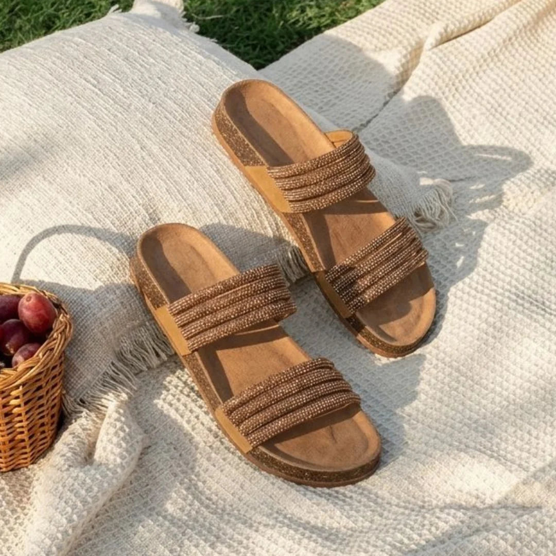 Alayna Fashion | Women’s Shimmering Multi-Strap Cork Slides – Ergonomic Bling Festive Flats