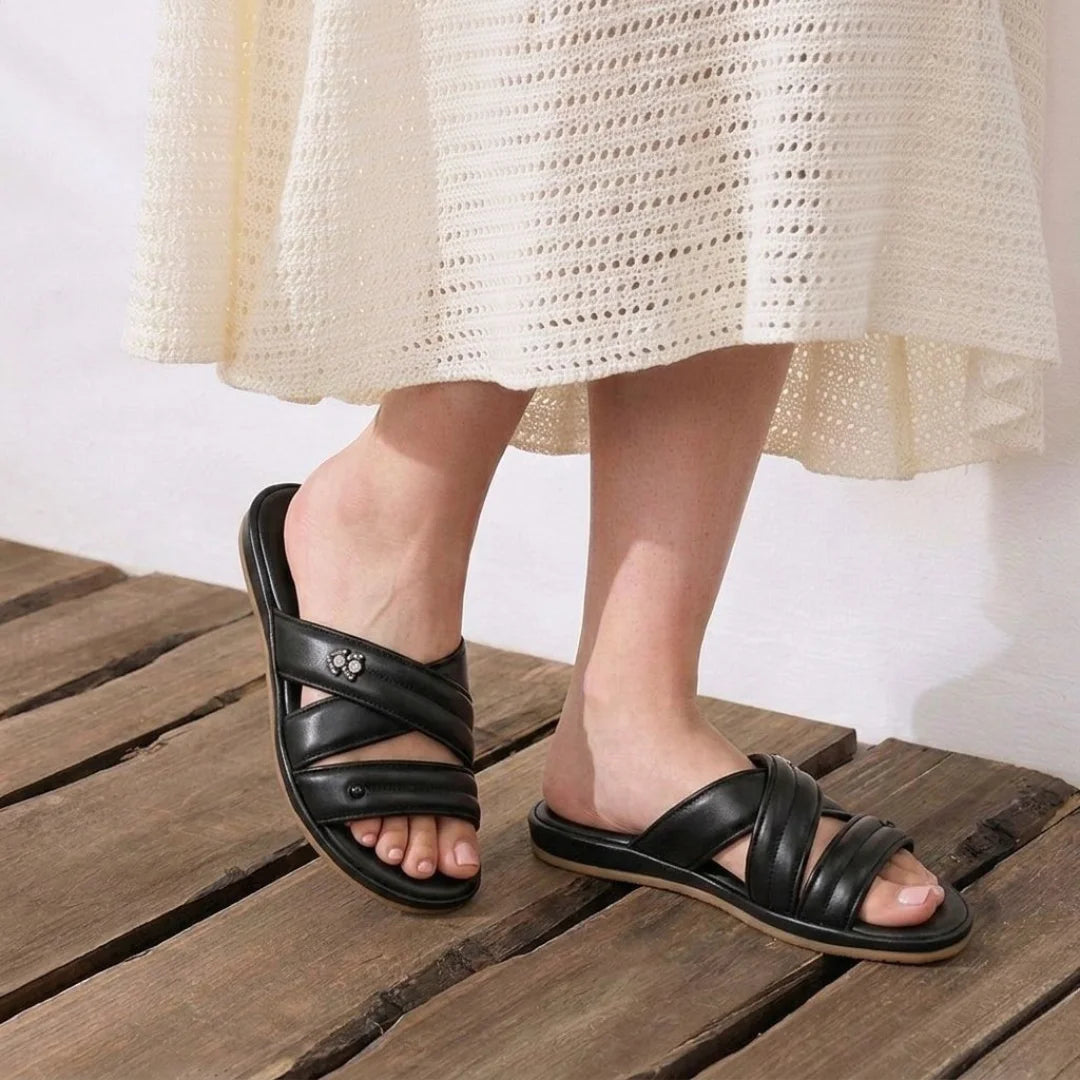 Alayna Fashion | Aura Anatomical T-Bar Slides – Adjustable Cork Footbed Sandals