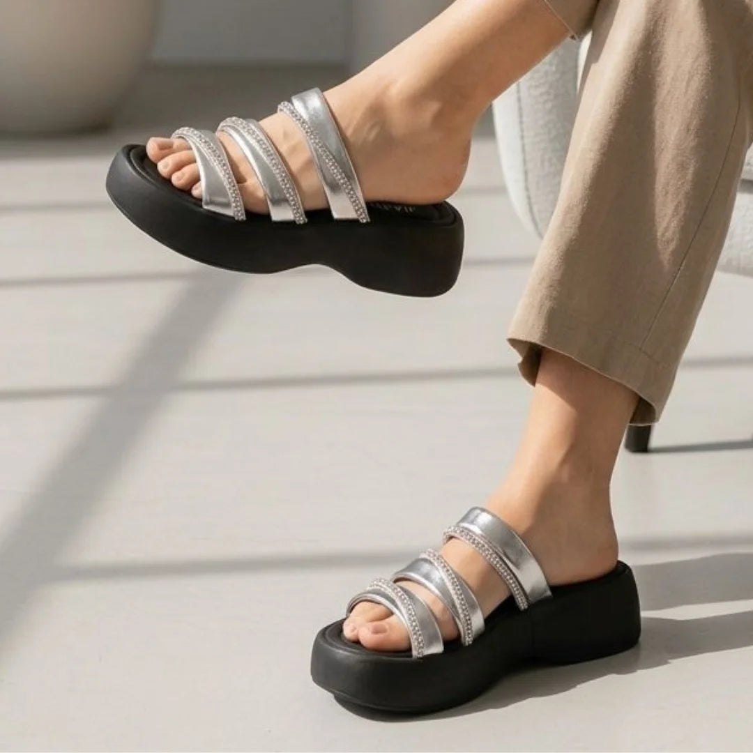 Alayna Fashion | Rhinestone Three-Strap Platform Slides – Dazzling Chunky Sandals
