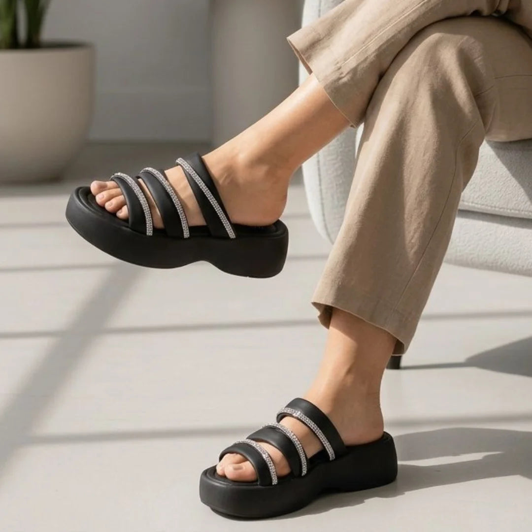 Alayna Fashion | Rhinestone Three-Strap Platform Slides – Dazzling Chunky Sandals