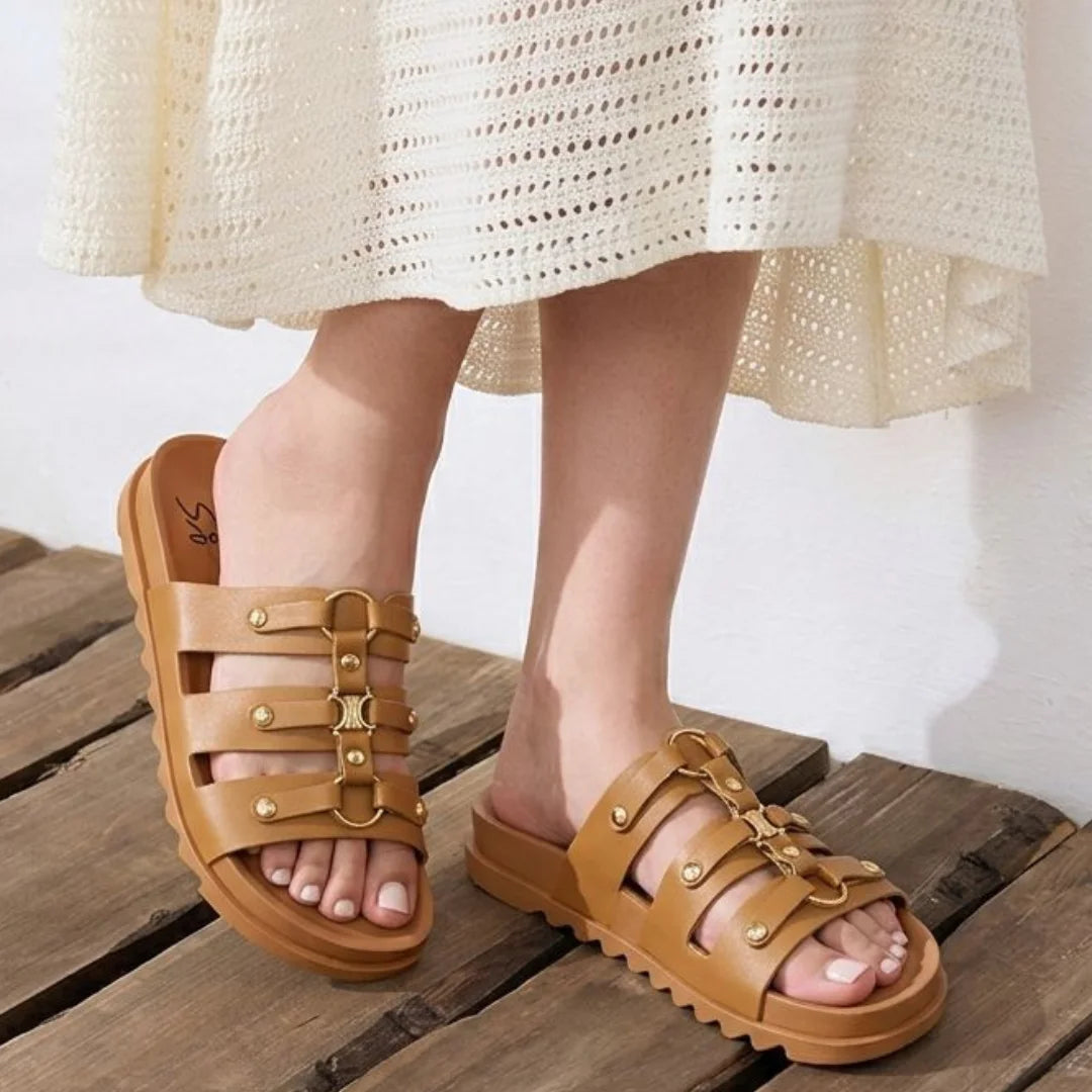 Alayna Fashion | Multi-Strap Gold Buckle Platform Slides – Elevated Casual Chic