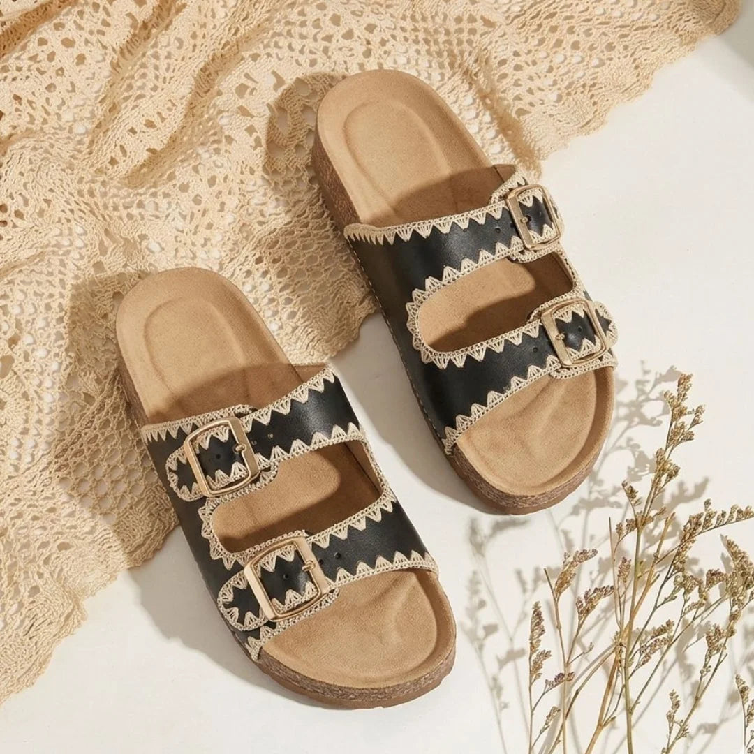 Alayna Fashion | Scalloped Embroidered Double Buckle Comfort Slides