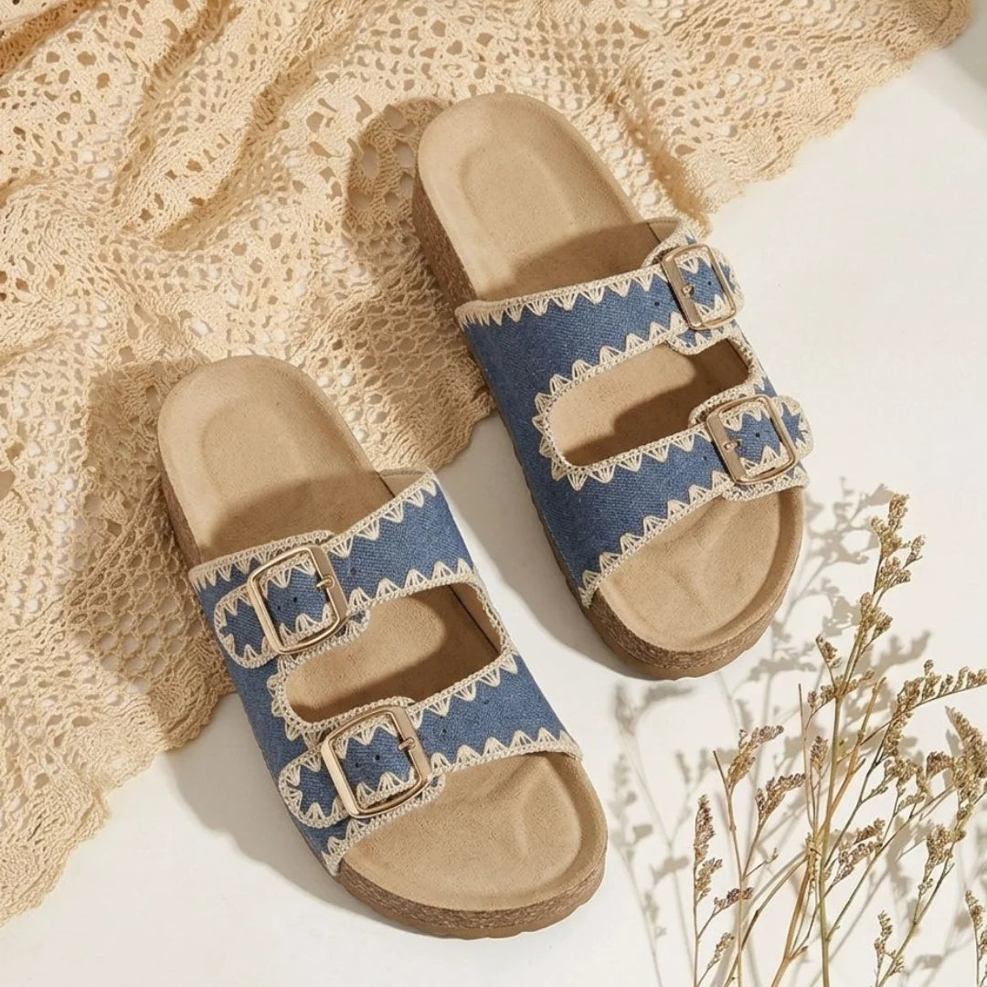 Alayna Fashion | Scalloped Embroidered Double Buckle Comfort Slides