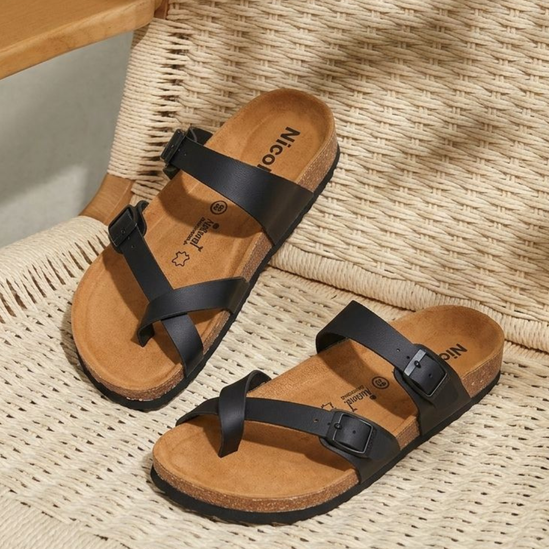 Alayna Fashion | Toe-Loop Cork Comfort Sandals – Double Buckle Nicola Flats