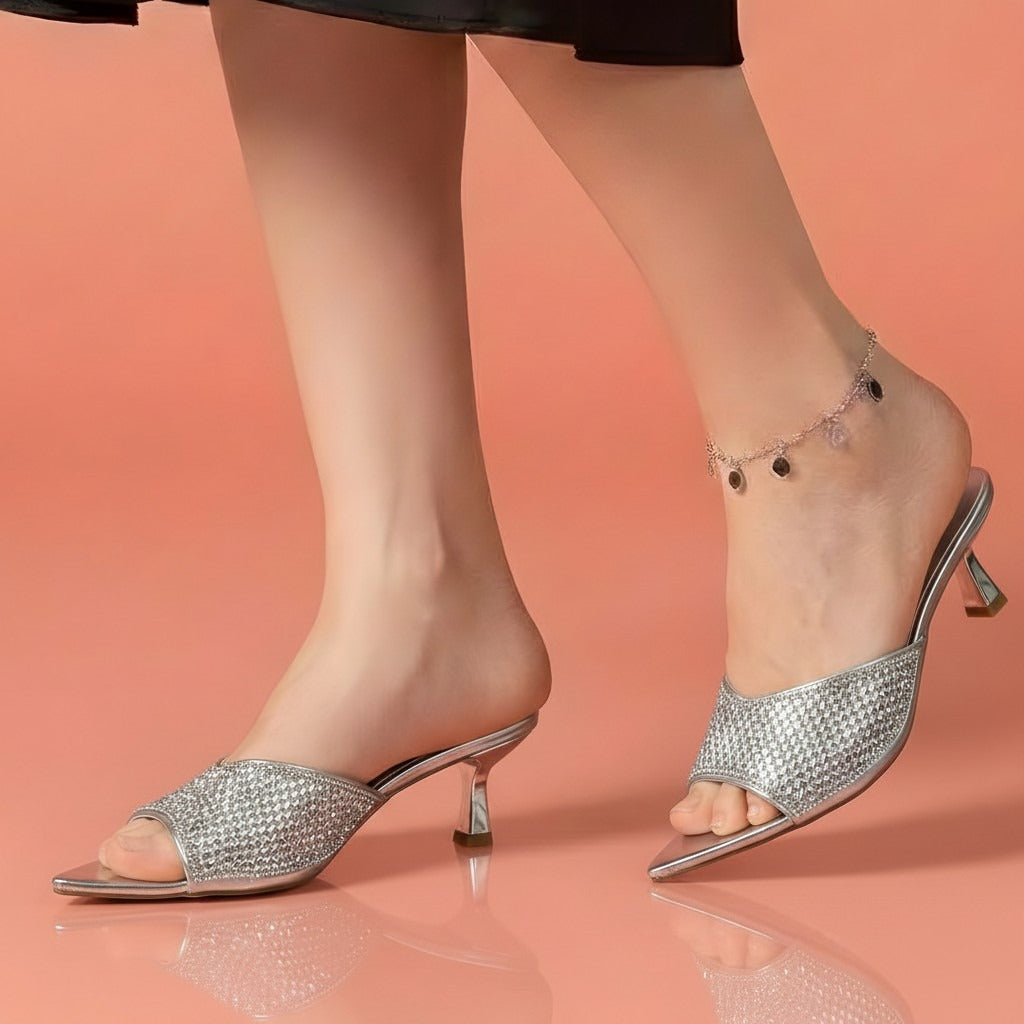 Alayna Fashion | The Glimmer-Point Festive Mules – Embellished Low-Heel Metallic Slides
