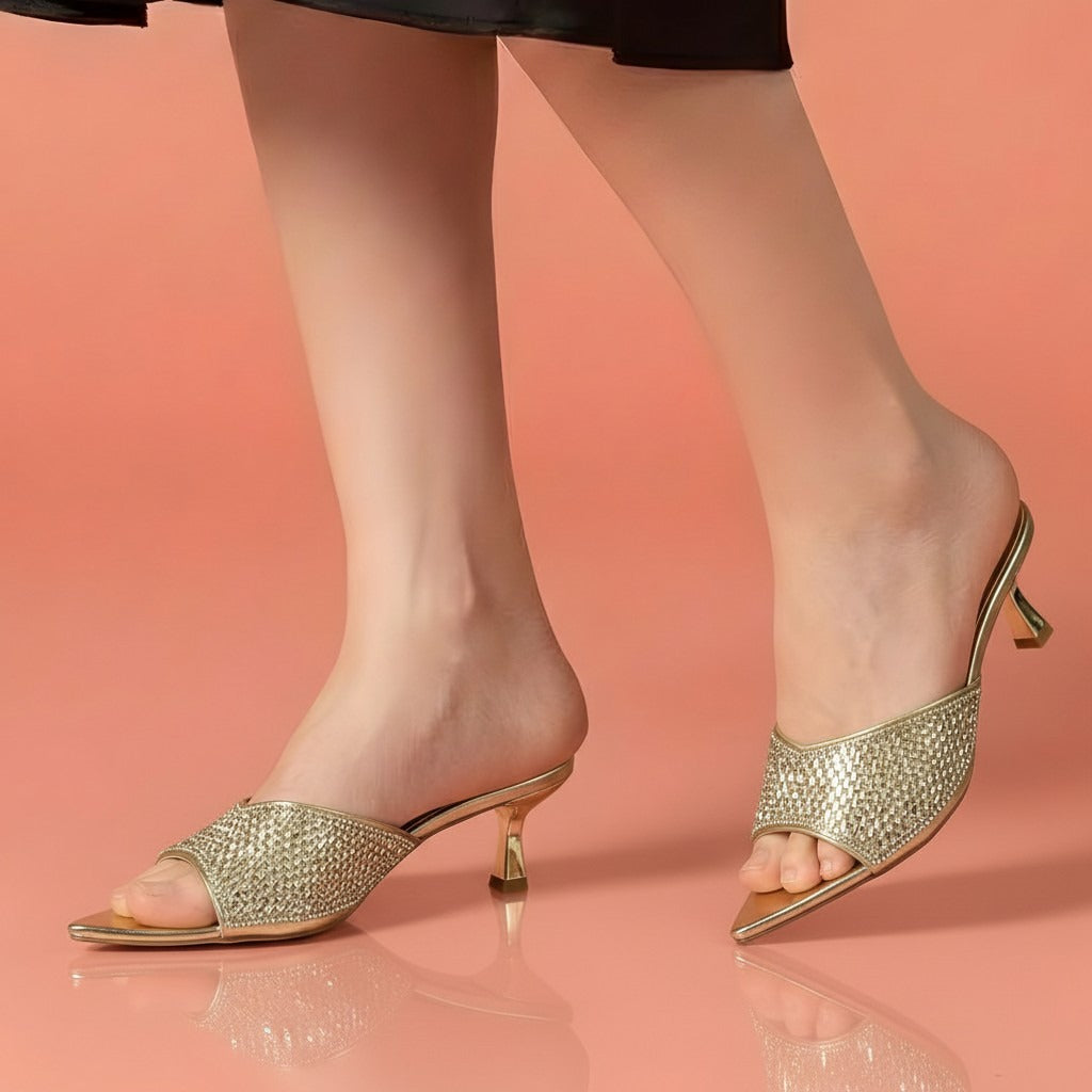 Alayna Fashion | The Glimmer-Point Festive Mules – Embellished Low-Heel Metallic Slides