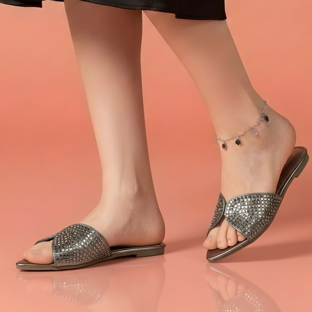 Alayna Fashion | The Aura-Glow Crystal Slides – Tapered-Toe Rhinestone Festive Slippers