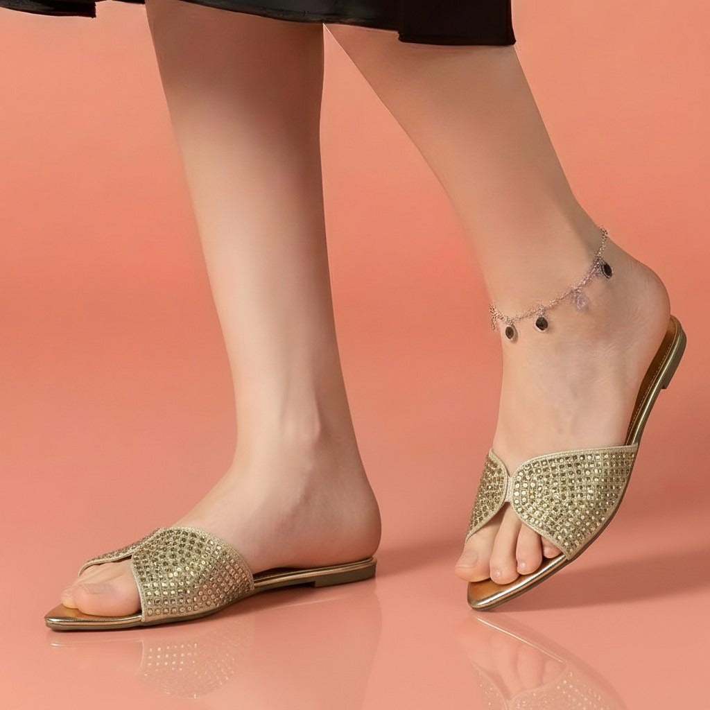 Alayna Fashion | The Aura-Glow Crystal Slides – Tapered-Toe Rhinestone Festive Slippers