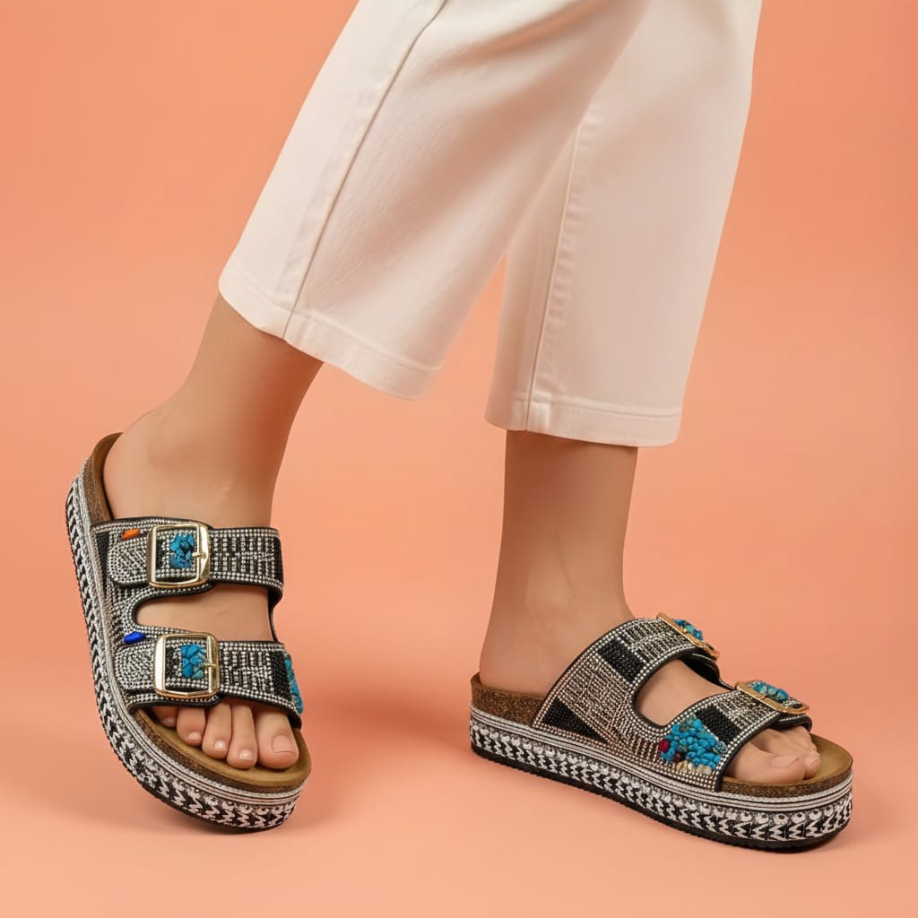 Alayna Fashion | The Nomad-Chic Artisan Platforms – Hand-Embellished Double-Buckle Wedges