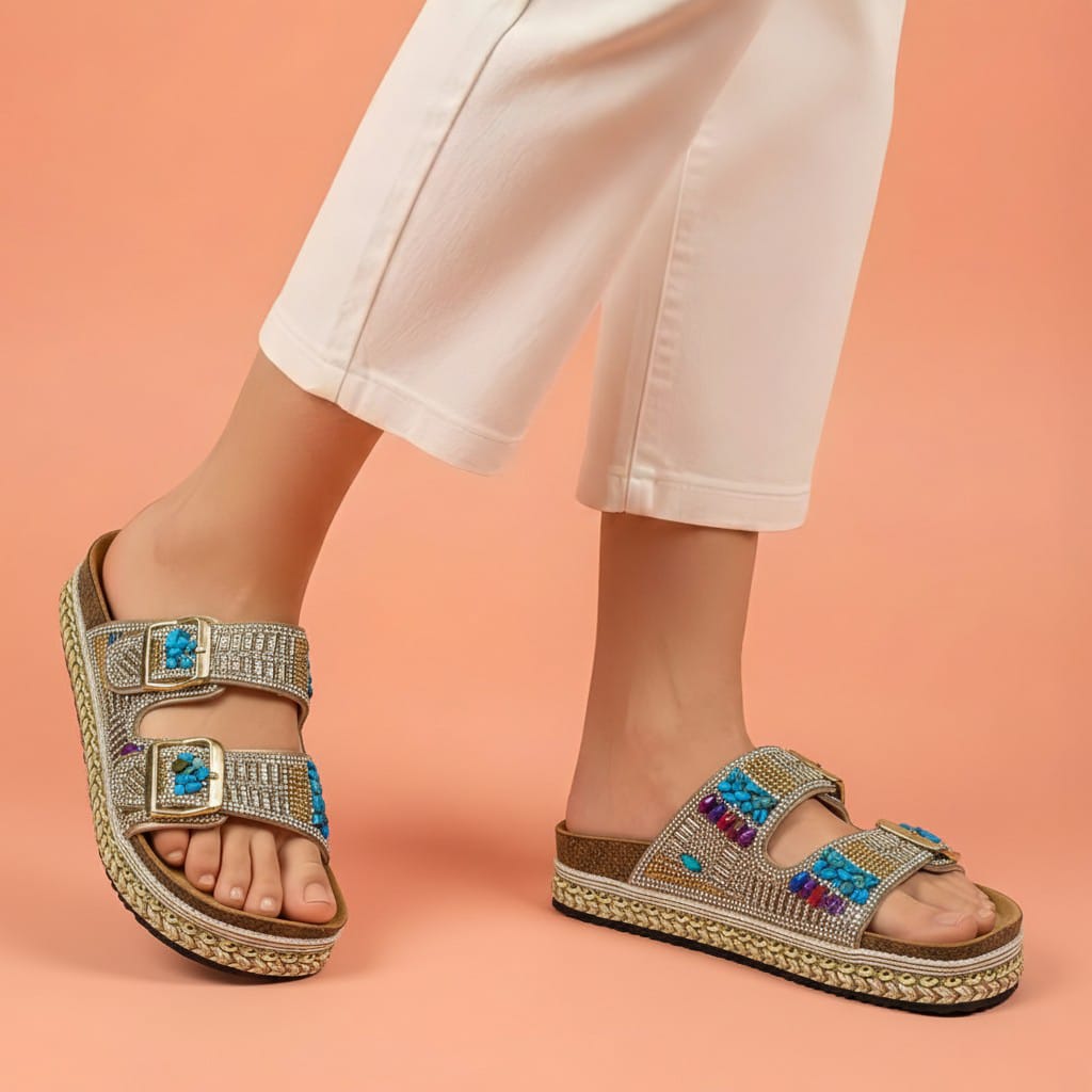 Alayna Fashion | The Nomad-Chic Artisan Platforms – Hand-Embellished Double-Buckle Wedges