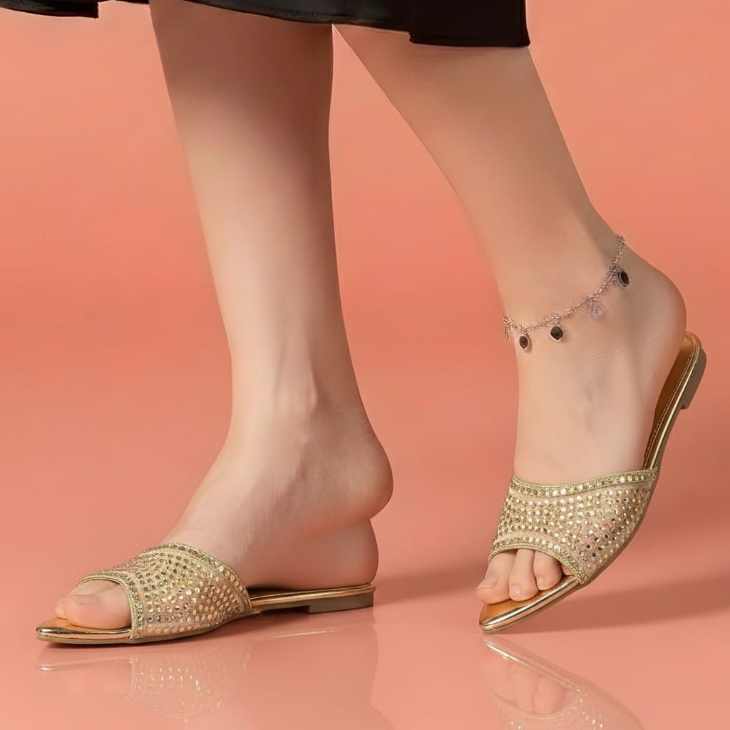 Alayna Fashion | The Stellar-Mesh Glamour Slides – Breathable Sequined Pointed Flats