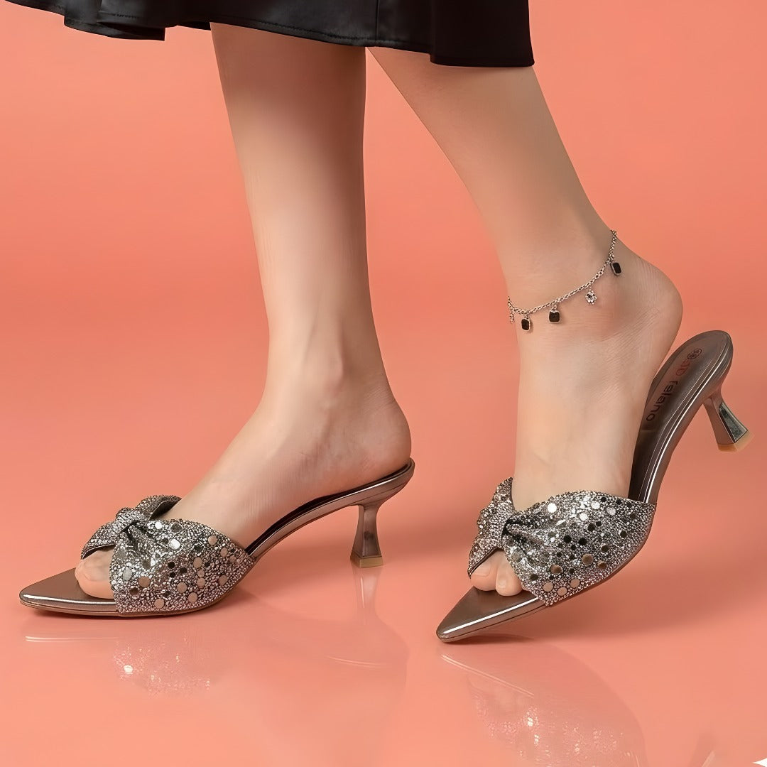 Alayna Fashion | The Stellar-Glaze Bow Mules – Sequin-Mesh Pointed Festive Heels