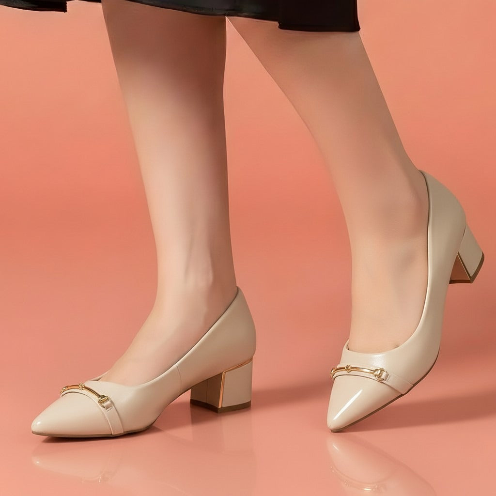 Alayna Fashion | The Sovereign Cap-Toe Pumps – Metallic-Accent Pointed Block Heels