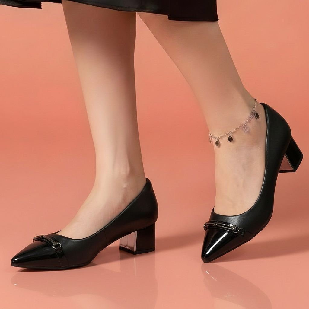 Alayna Fashion | The Sovereign Cap-Toe Pumps – Metallic-Accent Pointed Block Heels