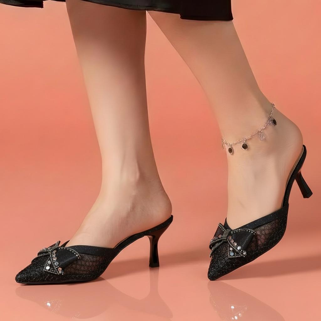 Alayna Fashion | The Aurora Mesh-Bow Heeled Mules – Crystal-Dusted Pointed Festive Heels