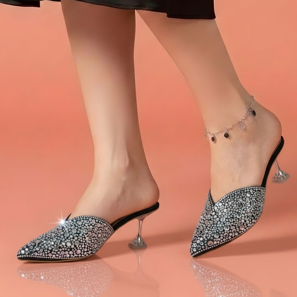 Alayna Fashion | The Zenith Crystal Trumpet Heels – All-Over Shimmer Pointed Mules